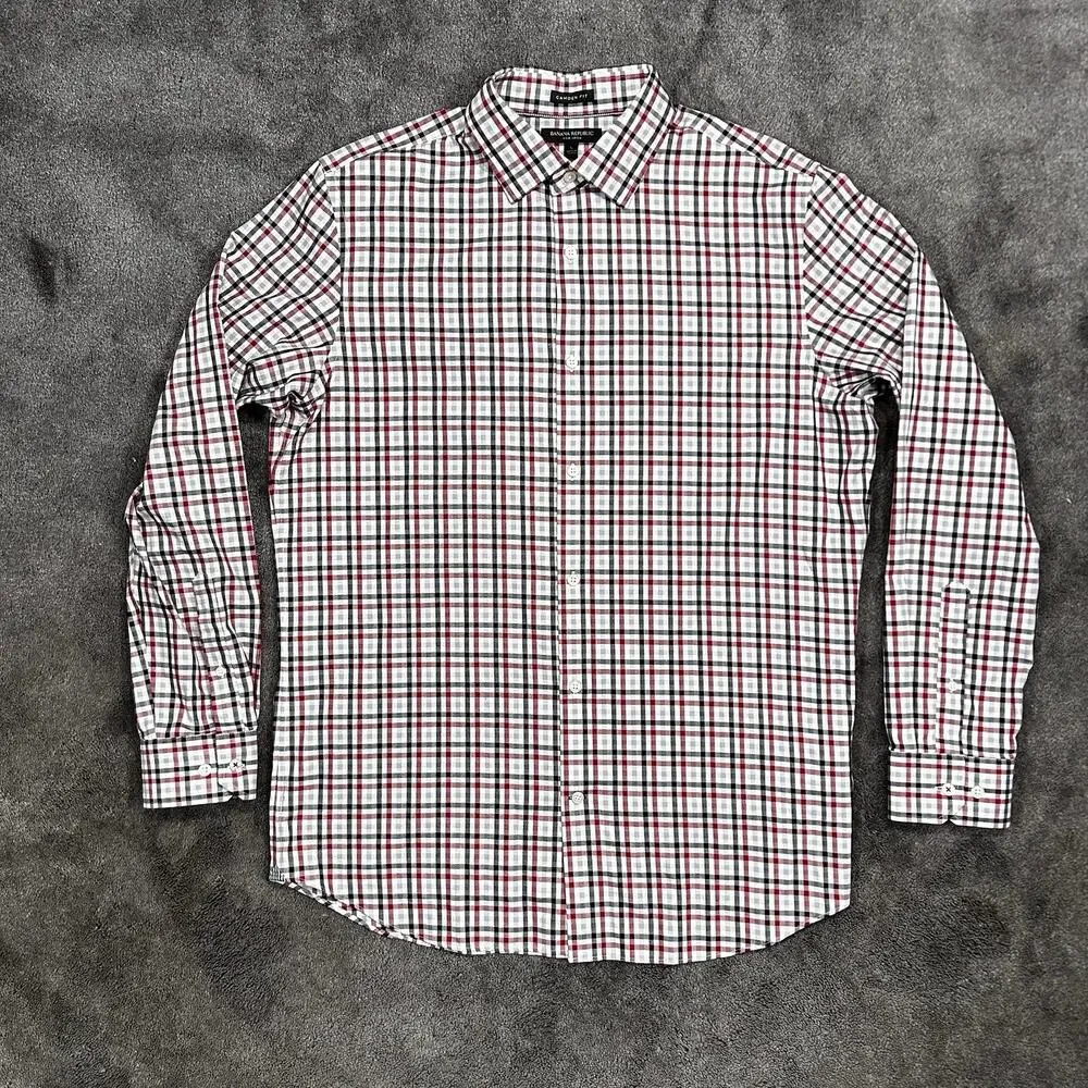 Banana Republic Men L Camden Fit Non-Iron Red Gray Black Herringbone Plaid Shirt